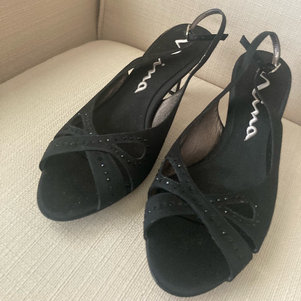 Ladies Mina black open toe strapy  heels for special occasion Ladies 9.5